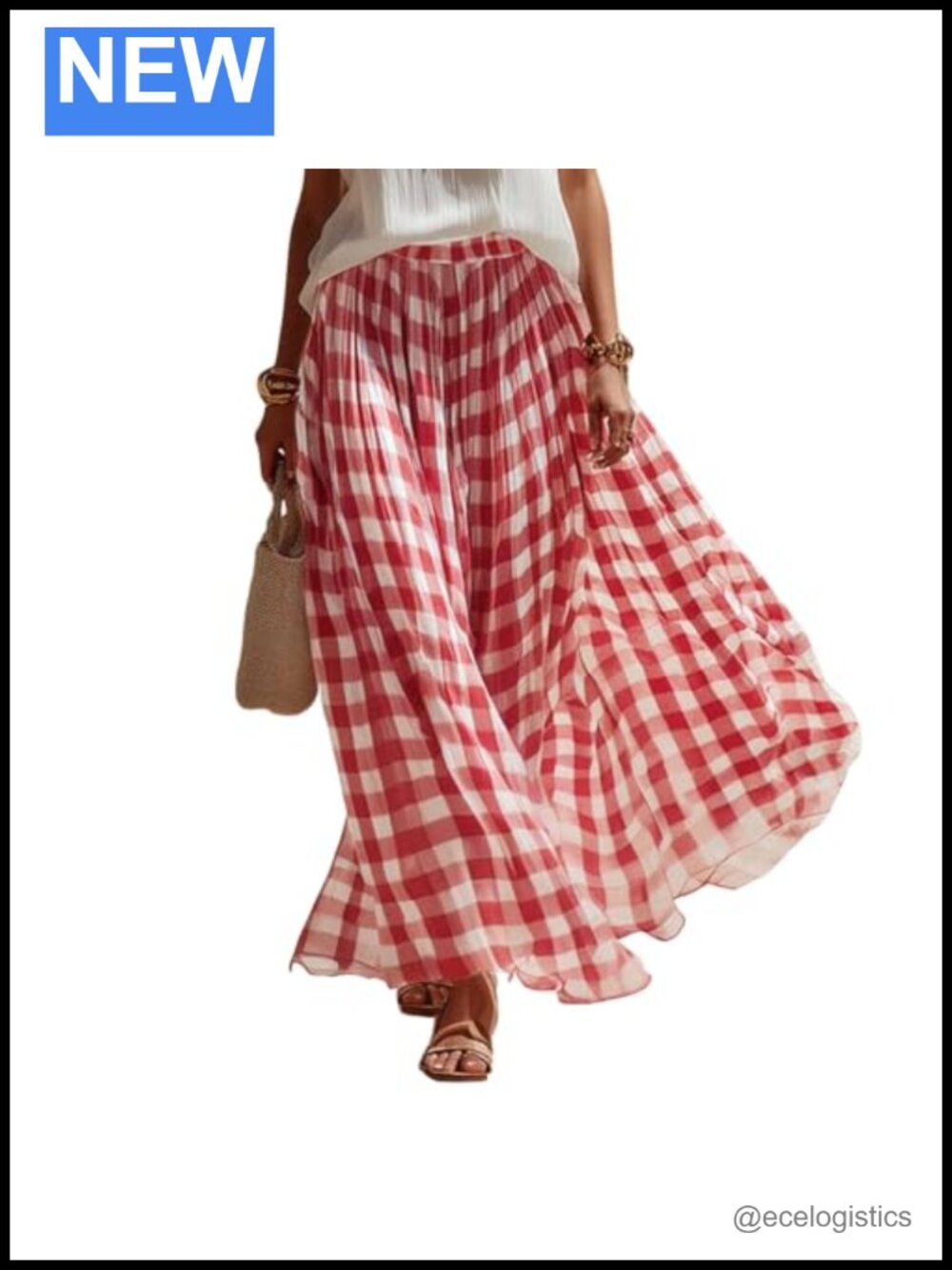 Vintage Gingham Plaid Maxi Skirt High Waisted Flowy A-Line Casual Long